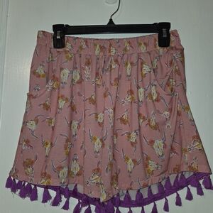 Pink Shorts with Colorful Skull Print and Purple Tassels #403